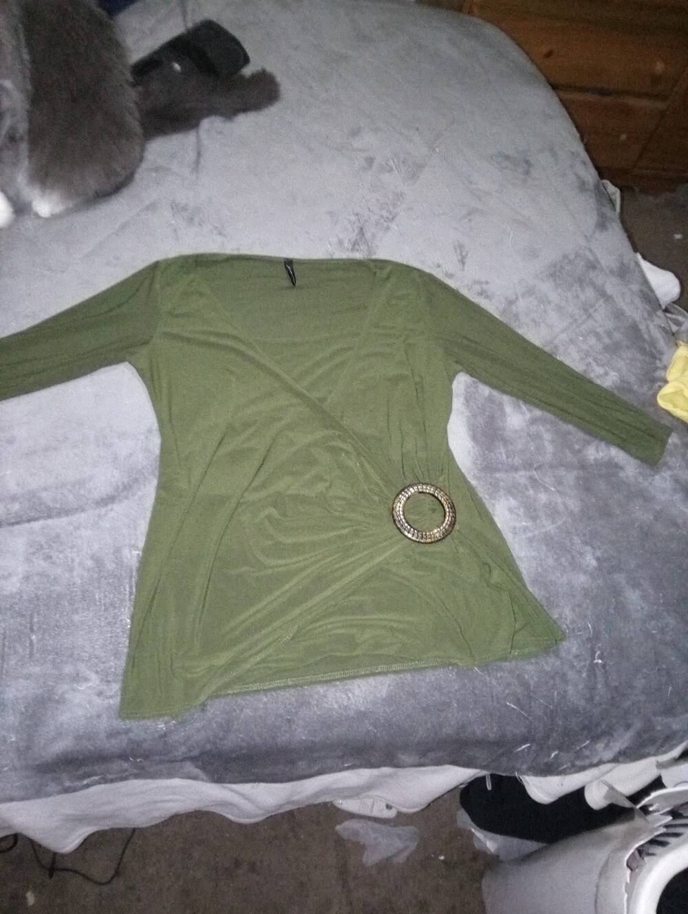 jason maxwell Olive Green Long-Sleeve Wrap Top with Buckle